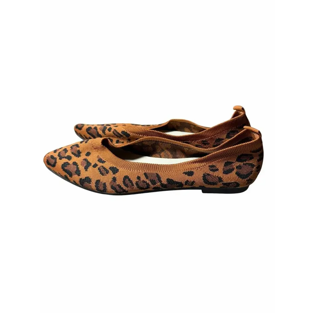 Leopard Print Knit Ballet Flats Point Toe Stretch Slip-On Shoes Size 39 NEW
